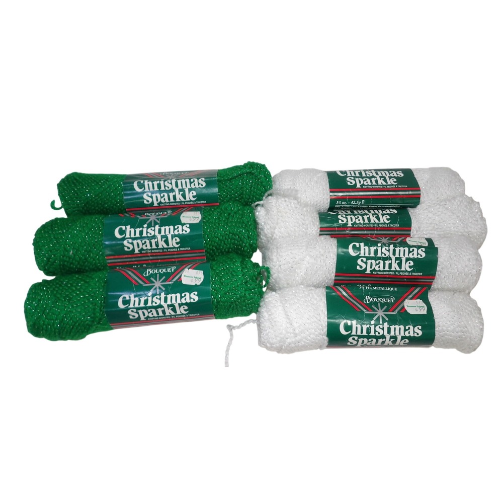 Bouquet Christmas Sparkle Worsted Yarn Lot 7 Skeins Green White Metallic Shimmer